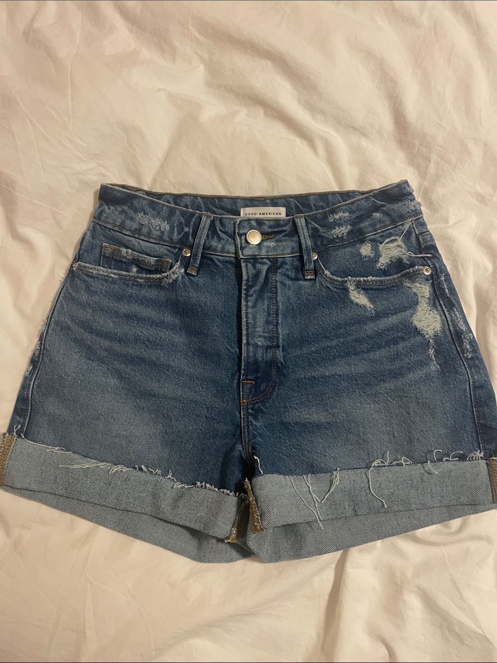 Good American Rolled Hem Distressed Denim Shorts - Medium Blue